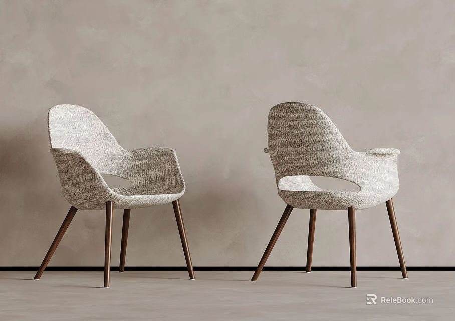 Modern Light Gray Accent Chair With Curved Backrest And Dark Wooden Legs 3d model 