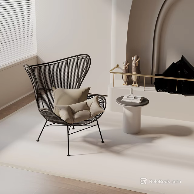 Black Wicker Accent Chair With Beige Cushions Small Round Table Window Blinds And Fireplace 3d model 