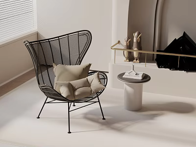 Black Wicker Accent Chair With Beige Cushions Small Round Table Window Blinds And Fireplace 3d model