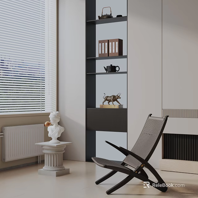 Modern Living Room Leisure Chair With Window Blinds White Sculpture And Fireplace 3d model 