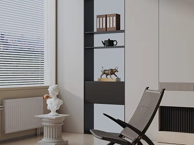 Modern Living Room Leisure Chair With Window Blinds White Sculpture And Fireplace 3d model