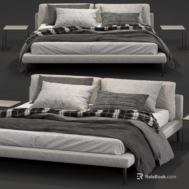 Modern Double Bed Interior With Gray White Pillows And Plaid Pattern Blanket 3d model