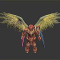Mythical Armored Warrior With Large Green Wings And Gold Armor Holding Sword And Shield