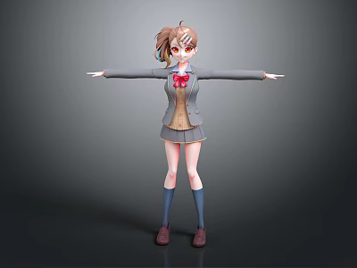 Anime Style 3D Model Girl Character In School Uniform With Ponytail And Arms Outstretched 3d model