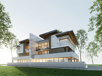 Modern Semi-detached Villa Exterior Design With Large Windows And Lush Green Surroundings 3d model