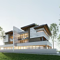 Modern Semi-detached Villa Exterior Design With Large Windows And Lush Green Surroundings