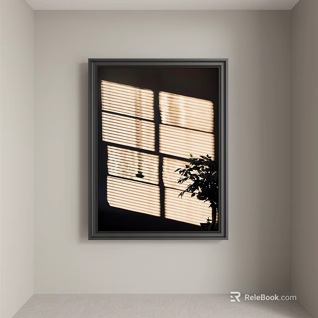 Modern Abstract Painting Featuring Window Blinds Light Effects And Plant Silhouette On Wall 3d model 