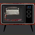 Red Vintage Microwave With Open Door And Colorful Interior Items On Stand