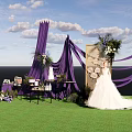 Outdoor Wedding Check In Area With Purple Drapes White Dress And Decorative Bouquets