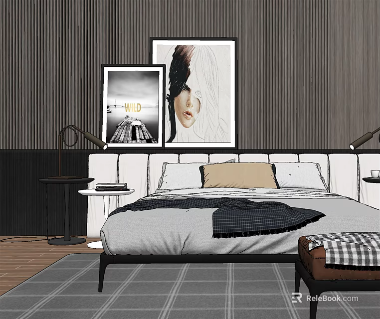 Modern Double Bed with Striped Gray Walls Framed Artworks Bedside Tables Lamps and Gray Rug 3d model 