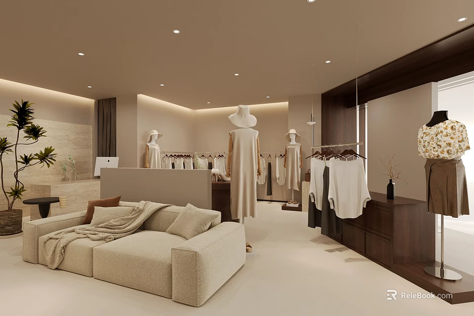 Modern Clothing Store Interior With Fashion Display Racks Sofa And Soft Lighting 3d model 
