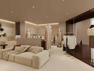 Modern Clothing Store Interior With Fashion Display Racks Sofa And Soft Lighting 3d model