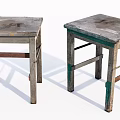 Old Wooden Stools With Worn Surface Square Shape And Green Painted Legs 3d model