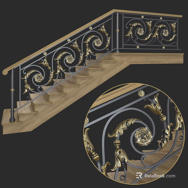 Elegant Staircase Railing With Ornate Gold Black Spiral Patterns And Wooden Steps 3d model 