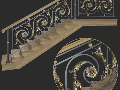 Elegant Staircase Railing With Ornate Gold Black Spiral Patterns And Wooden Steps 3d model