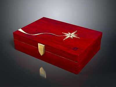 Elegant Red Wooden Box With Golden Star Pattern And Decorative Lock For Daily Use 3d model
