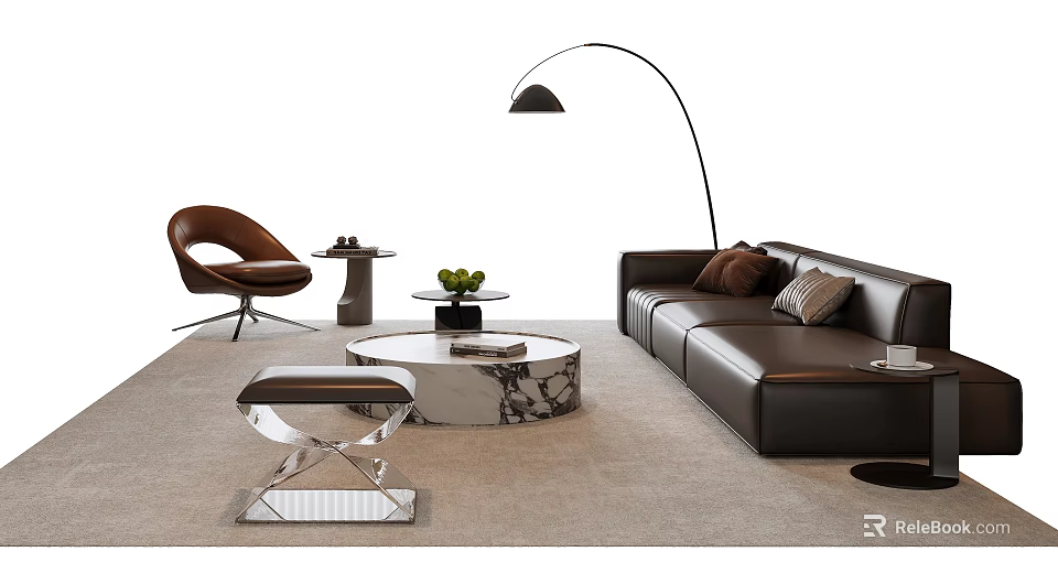 Modern Black Leather Sofa And Round Marble Coffee Table With Green Fruit Decorations 3d model 
