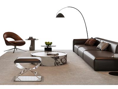 Modern Black Leather Sofa And Round Marble Coffee Table With Green Fruit Decorations 3d model