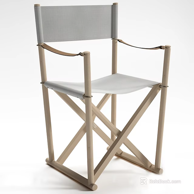 Folding Leisure Chair With Wooden Frame Gray Fabric Seat Backrest And Armrest Straps 3d model 