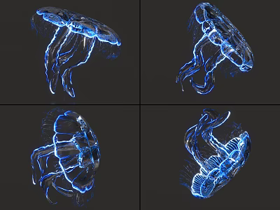 Blue Glowing Transparent Jellyfish In Multiple Views On Black Background 3d model