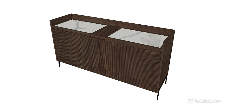 Console Cabinet With Dark Brown Wood Grain Two Marble Tops And Thin Black Metal Legs 3d model 