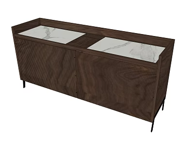 Console Cabinet With Dark Brown Wood Grain Two Marble Tops And Thin Black Metal Legs 3d model