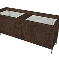 Console Cabinet With Dark Brown Wood Grain Two Marble Tops And Thin Black Metal Legs