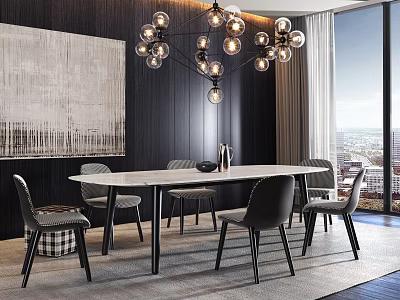 Modern Dining Table Set With Marble Top Chairs Chandelier And City View Through Window 3d model