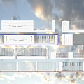 Modern Building Facade Design With Greenery Background Railings And Decorative Panels