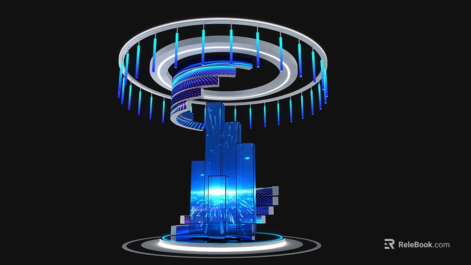 Futuristic Exhibition Island With Circular Spiral Design Blue Illuminated Lights And Modern Building Base 3d model 