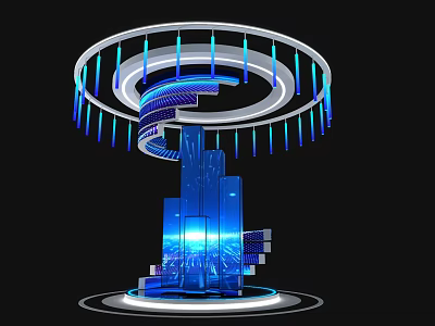 Futuristic Exhibition Island With Circular Spiral Design Blue Illuminated Lights And Modern Building Base 3d model