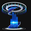 Futuristic Exhibition Island With Circular Spiral Design Blue Illuminated Lights And Modern Building Base