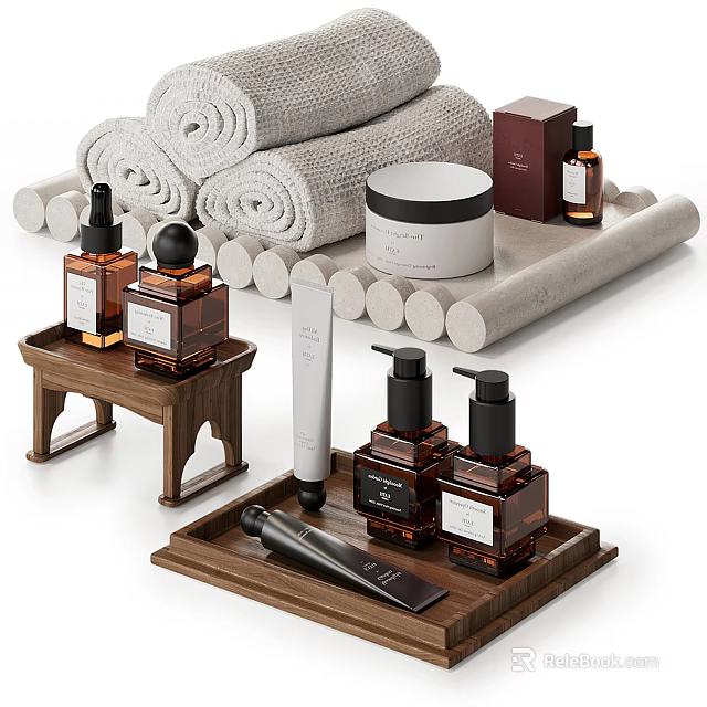 Elegant Bathroom Set With Rolled Towels Wooden Tray Toiletries Bottles Jar And Small Stool 3d model 