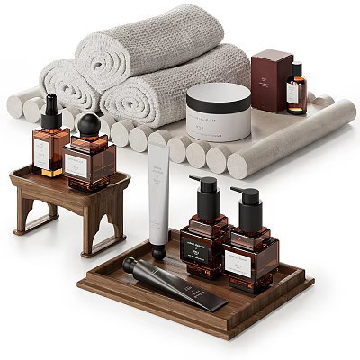 Elegant Bathroom Set With Rolled Towels Wooden Tray Toiletries Bottles Jar And Small Stool 3d model