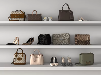 Fashionable Assorted Bags And Shoes Displayed On White Shelves With Various Styles And Colors 3d model
