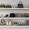 Fashionable Assorted Bags And Shoes Displayed On White Shelves With Various Styles And Colors