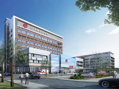 Modern Hospital Building Exterior With Glass Facade Red Sign Ambulance Trees And Pedestrians 3d model