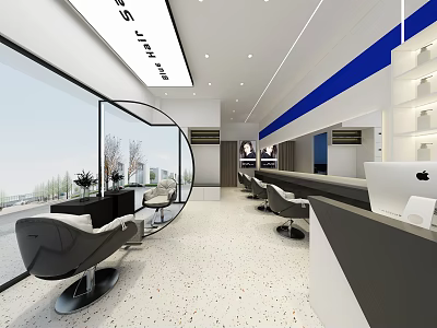 Modern Minimalist Hair Salon Interior Design With Stylish Chairs Large Mirrors And Clean Reception Space 3d model