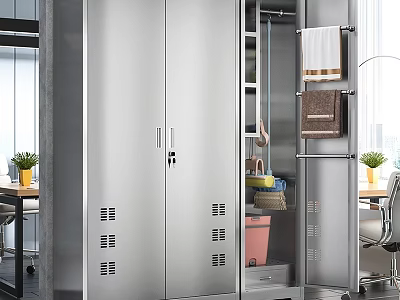 Silver Storage Cabinet With Doors Internal Shelves And Towel Rack Near Plants And Table 3d model