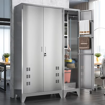 Silver Storage Cabinet With Doors Internal Shelves And Towel Rack Near Plants And Table 3d model