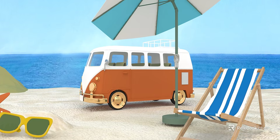 Blue And White Striped Beach Lounge Chair With Retro Van And Umbrella By Sea 3d model 