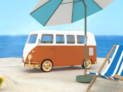 Blue And White Striped Beach Lounge Chair With Retro Van And Umbrella By Sea 3d model