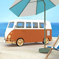 Blue And White Striped Beach Lounge Chair With Retro Van And Umbrella By Sea
