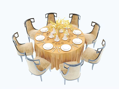 Elegant Round Dining Table Set With Gold Tablecloth White Plates Gold Cutlery And Beige Chairs 3d model