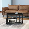 Modern Black Side Table With Wheels Storage Shelf Glasses On Top And Leather Sofa 3d model