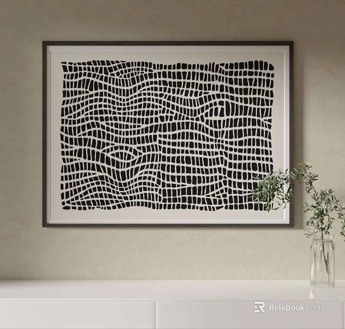 Black and White Abstract Wall Art with Wavy Grid Pattern and Green Plant Vase 3d model 