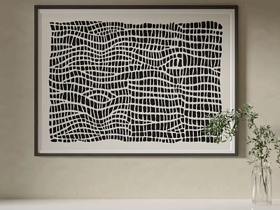 Black and White Abstract Wall Art with Wavy Grid Pattern and Green Plant Vase 3d model