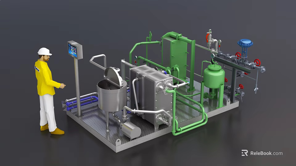 Industrial Equipment Processing System Featuring Operator Green Pipes Stainless Steel Tanks And Control Panel 3d model 