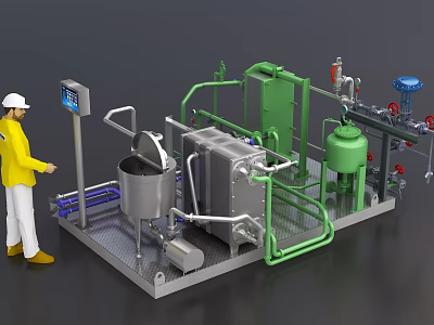 Industrial Equipment Processing System Featuring Operator Green Pipes Stainless Steel Tanks And Control Panel 3d model