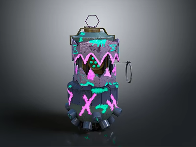 Purple And Pink Layered Bomb With Green Star X Patterns Hexagonal Top And Metal Ring 3d model